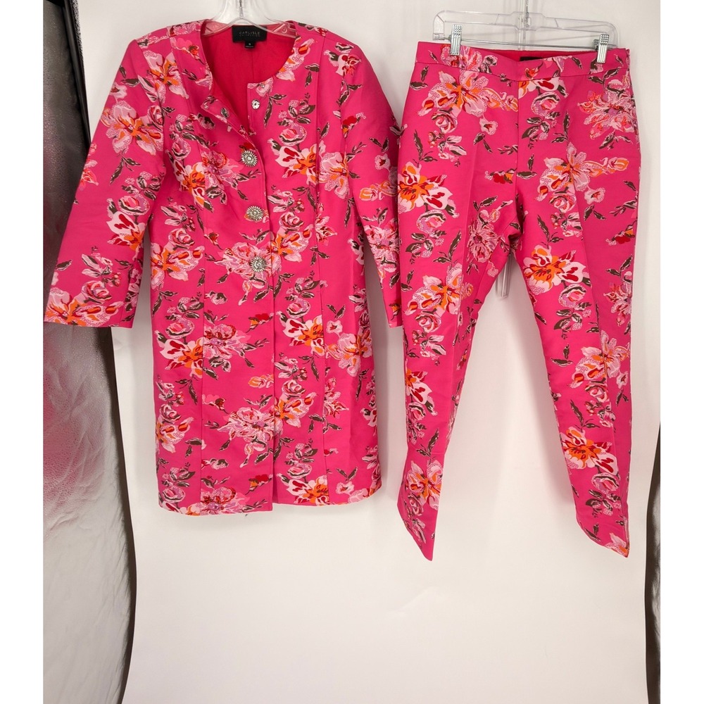 VTG Carlisle Collection Pant Suit 10 Pink Floral Long Jacket Trousers Barbiecore